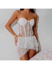 Lace Perspective Strapless Bodysuits Skirt Sets