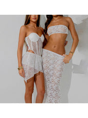 Lace Perspective Strapless Bodysuits Skirt Sets