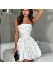 Pure Color Strapless Bubble Dress