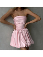 Pure Color Strapless Bubble Dress