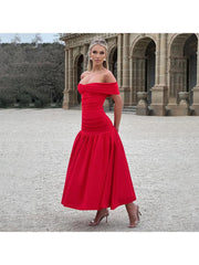 Ruched Off Shoulder High Rise Maxi Dress