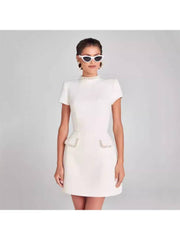 Beading Mock Neck Short Sleeve Dress