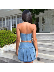 Pleated Split Hem Strapless Denim Skirt Sets