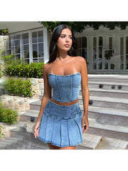 Pleated Split Hem Strapless Denim Skirt Sets