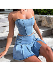 Pleated Split Hem Strapless Denim Skirt Sets