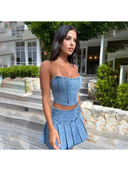 Pleated Split Hem Strapless Denim Skirt Sets