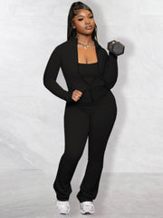 Plain Fitted Pocket Zipper Coat Jumpsuit Sets