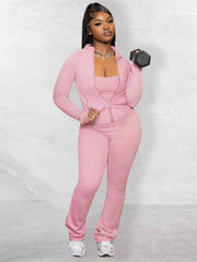 Plain Fitted Pocket Zipper Coat Jumpsuit Sets