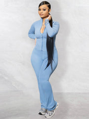 Plain Fitted Pocket Zipper Coat Jumpsuit Sets