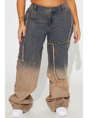 Gradient Denim Raged Hem Straight Jeans