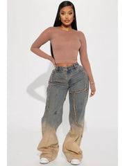 Gradient Denim Raged Hem Straight Jeans