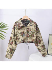 Floral Drawstring Lapel Cropped Jackets