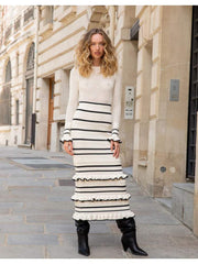 Knitted Contrast Color Striped Layered Maxi Dress