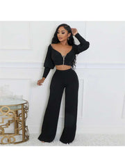 Long Sleeve Zipper Wide Leg Pant Sets