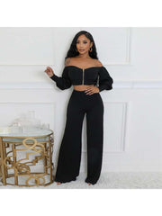 Long Sleeve Zipper Wide Leg Pant Sets