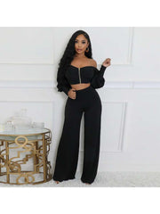 Long Sleeve Zipper Wide Leg Pant Sets