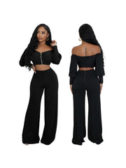 Long Sleeve Zipper Wide Leg Pant Sets