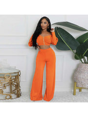 Long Sleeve Zipper Wide Leg Pant Sets