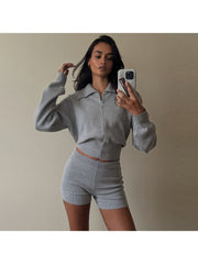 Lapel Zipper Sweatshirt Fitted Short Sets