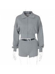 Lapel Zipper Sweatshirt Fitted Short Sets