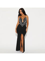 Hotfix Rhinestones Split Hem Backless Maxi Dress