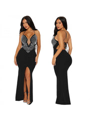 Hotfix Rhinestones Split Hem Backless Maxi Dress