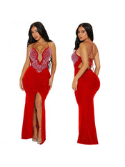 Hotfix Rhinestones Split Hem Backless Maxi Dress