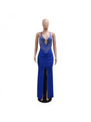 Hotfix Rhinestones Split Hem Backless Maxi Dress