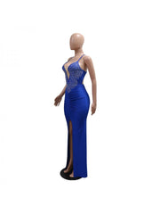 Hotfix Rhinestones Split Hem Backless Maxi Dress