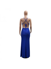 Hotfix Rhinestones Split Hem Backless Maxi Dress