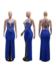 Hotfix Rhinestones Split Hem Backless Maxi Dress