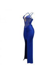 Hotfix Rhinestones Split Hem Backless Maxi Dress