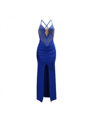 Hotfix Rhinestones Split Hem Backless Maxi Dress