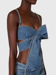 Denim Bow Ribbons Tank Straight Jeans Sets