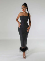 Rhinestones Strapless Feather Split Hem Dress