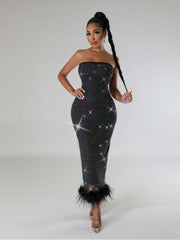 Rhinestones Strapless Feather Split Hem Dress