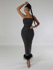 Rhinestones Strapless Feather Split Hem Dress