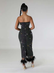 Rhinestones Strapless Feather Split Hem Dress