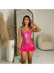 Feather Sequin Backless Mini Cocktail Dress