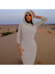 Pure Color Split Hem Hooded Long Sleeves Maxi Dress