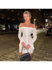 Lace Off Shoulder Trumpet Sleeve Mini Dress