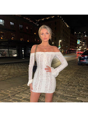 Lace Off Shoulder Trumpet Sleeve Mini Dress