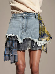 Plaid Raged Hem Irregular Denim Skirts