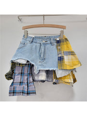 Plaid Raged Hem Irregular Denim Skirts