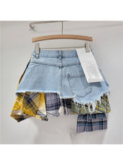 Plaid Raged Hem Irregular Denim Skirts