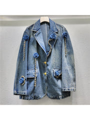 Flower Chain Lapel Distressed Denim Jacket