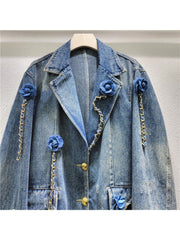 Flower Chain Lapel Distressed Denim Jacket