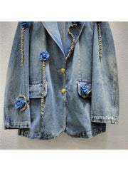 Flower Chain Lapel Distressed Denim Jacket