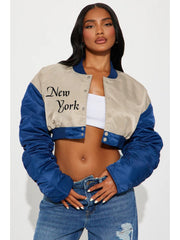 Embroidery Colorblock Ruched Bomber Jacket