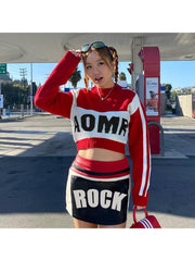 Contrast Color Letter Long Sleeve Cropped Sweater